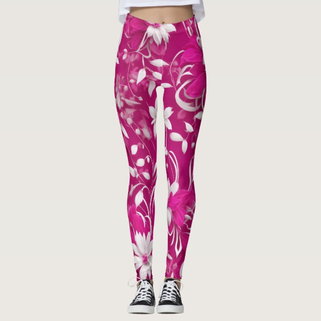 "Blooming Beauty: Fuchsia Pink Floral Leggings" Leggings (Front)