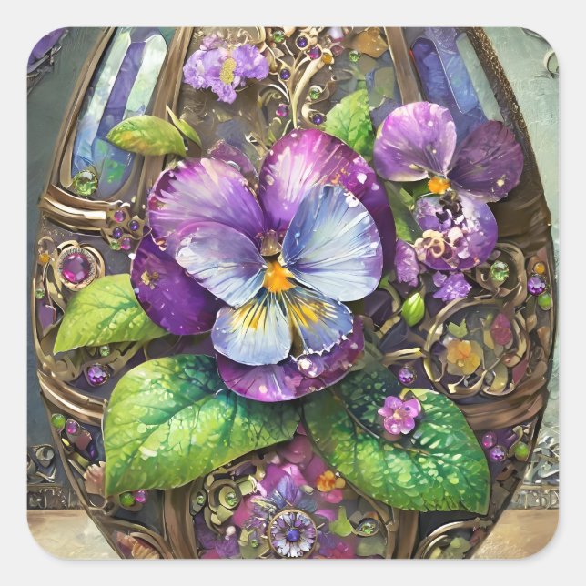 Blooming Birds Foot Violets Wildflowers Easter Egg Square Sticker (Front)