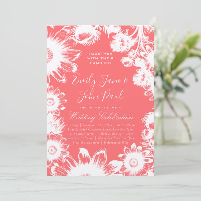 Blooming Blush Peach Floral Wedding Invitations (Standing Front)