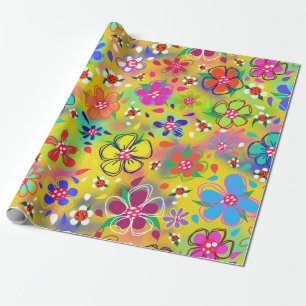 Blooming Boho Flowers on Yellow Cute Wrapping Paper