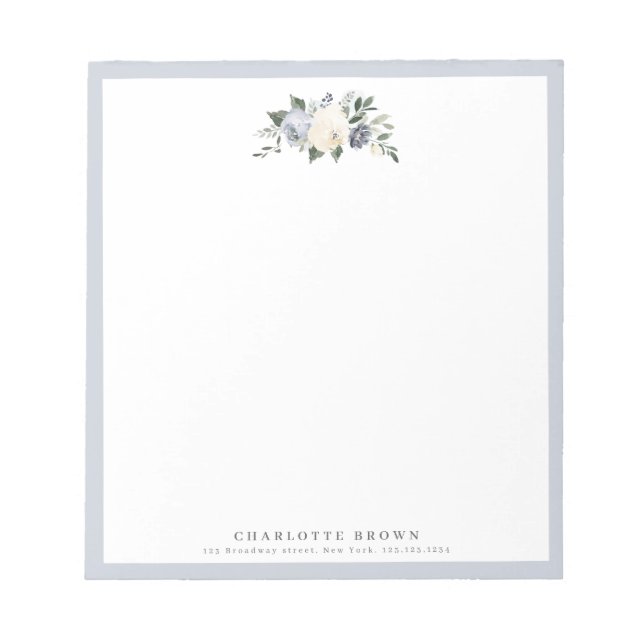 Blooming botanical blue personalised stationery notepad (Front)