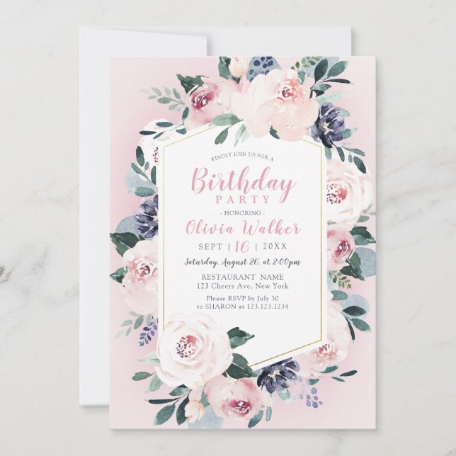 Blooming botanical blush floral birthday Party Invitation (Front)