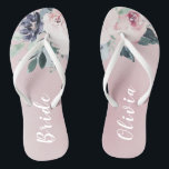 Blooming botanical blush floral Personalised bride Flip Flops<br><div class="desc">Watercolor botanical floral and greenery in blush pink and navy,   elegant and romantic,   great personalised gifts for bride</div>