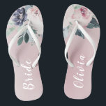 Blooming botanical blush floral Personalised bride Flip Flops<br><div class="desc">Watercolor botanical floral and greenery in blush pink and navy,   elegant and romantic,   great personalised gifts for bride</div>