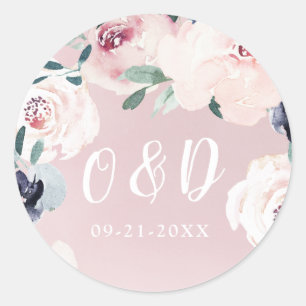 Blooming botanical blush floral Wedding monogram Classic Round Sticker