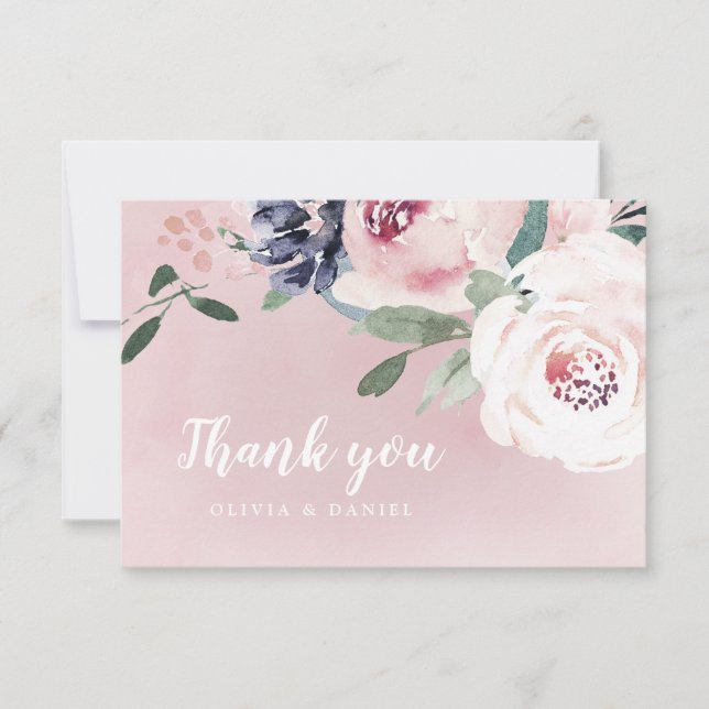 Blooming botanical blush watercolor floral thank you card (Front)