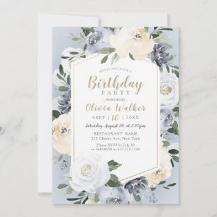 Blooming botanical dusty blue birthday Party Invitation