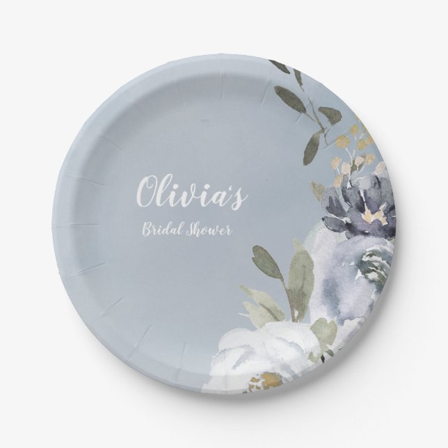 Blooming botanical dusty blue floral bridal shower paper plate (Front)