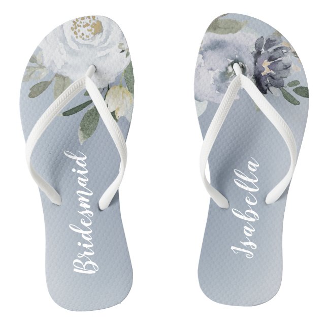 Blooming botanical dusty blue floral bridesmaid flip flops (Footbed)