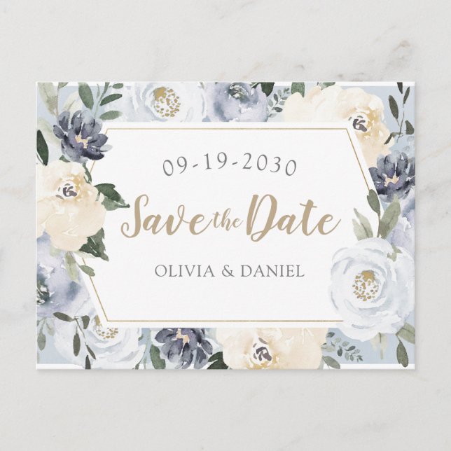 Blooming botanical dusty blue floral save the date announcement postcard (Front)