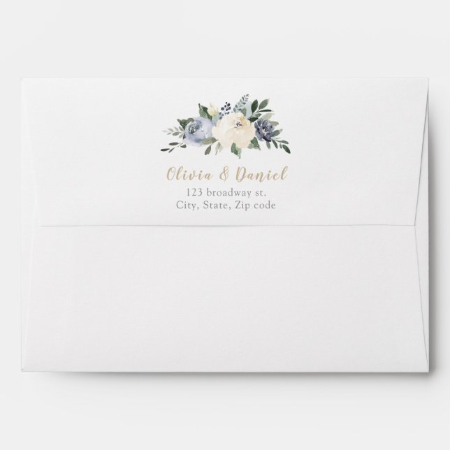 Blooming botanical dusty blue floral wedding envelope (Back (Top Flap))