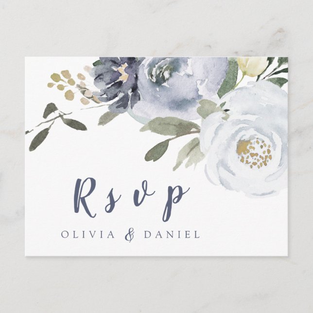 Blooming botanical dusty blue floral wedding RSVP Invitation Postcard (Front)