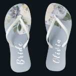 Blooming botanical dusty blue personalised bride flip flops<br><div class="desc">Watercolor botanical floral and greenery in soft yellow,  dusty blue,  and grey,  elegant and romantic,   great personalised gifts for bride</div>