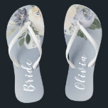 Blooming botanical dusty blue personalised bride flip flops<br><div class="desc">Watercolor botanical floral and greenery in soft yellow,  dusty blue,  and grey,  elegant and romantic,   great personalised gifts for bride</div>