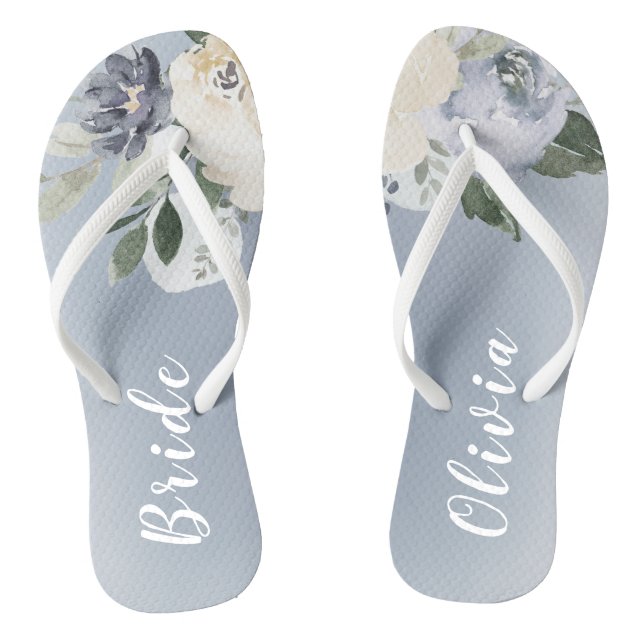 Blooming botanical dusty blue personalised bride flip flops (Footbed)