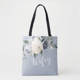 Blooming botanical dusty blue personalised wifey tote bag