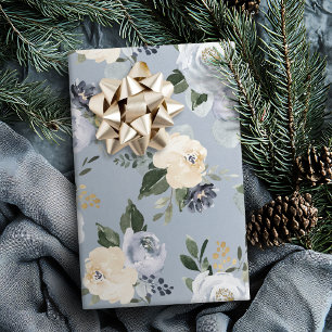 Blooming botanical dusty blue watercolor floral wrapping paper
