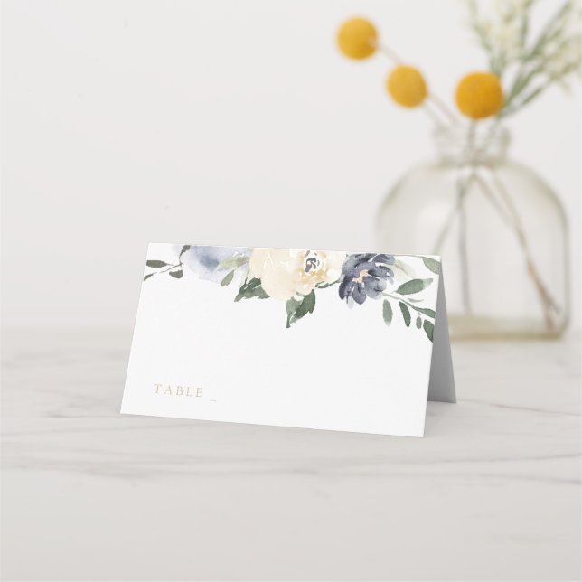 Blooming botanical dusty blue Wedding place cards (Front)