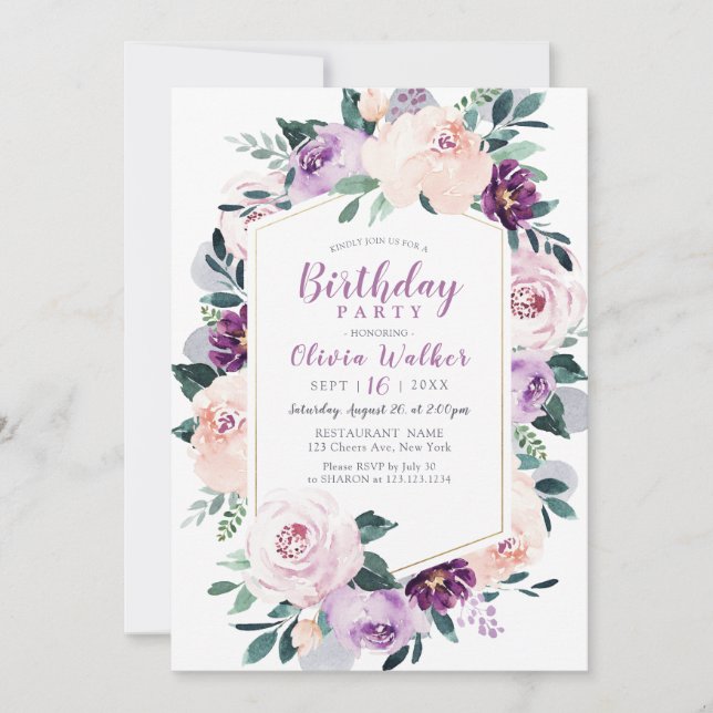 Blooming botanical purple floral birthday Party Invitation (Front)