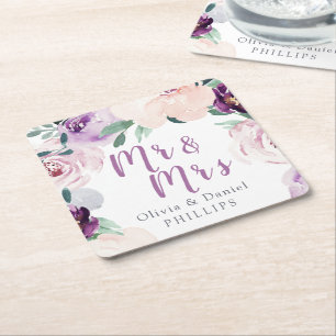 Blooming botanical purple floral Mr & Mrs Square Paper Coaster