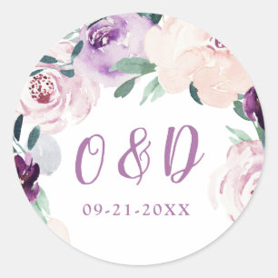 Blooming botanical purple floral Wedding monogram Classic Round Sticker