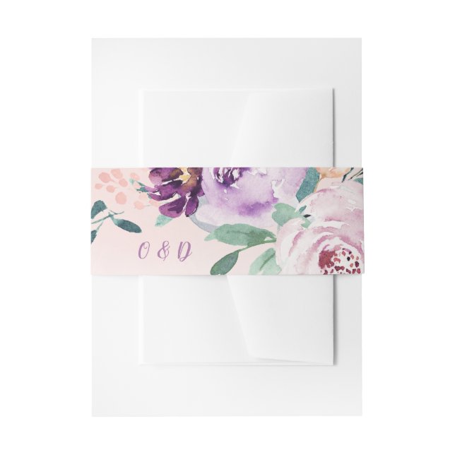 Blooming botanical purple floral wedding monogram invitation belly band (Front Example)