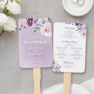Blooming botanical purple floral wedding program hand fan