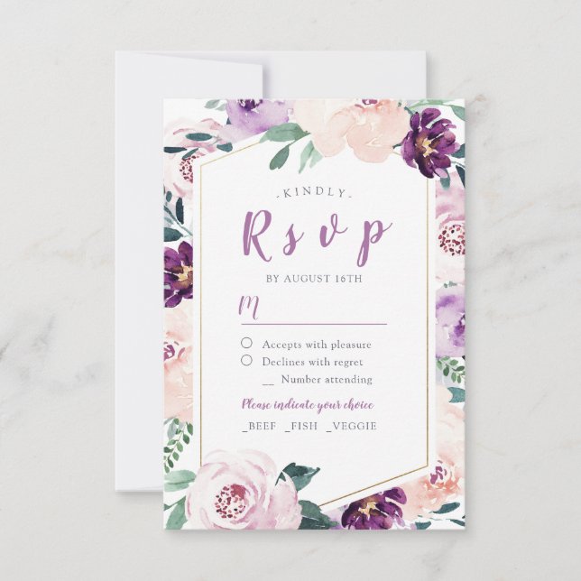 Blooming botanical purple floral wedding RSVP Card (Front)