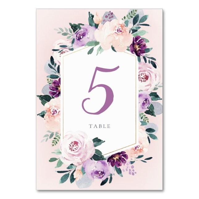 Blooming botanical purple floral Wedding Table Number (Front)