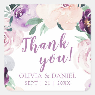 Blooming botanical purple floral Wedding thank you Square Sticker