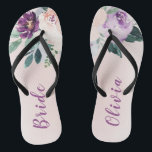 Blooming botanical purple personalised bride flip flops<br><div class="desc">Watercolor botanical floral and greenery in blush,  peach and purple,  elegant and romantic,   great personalised gifts for bride</div>