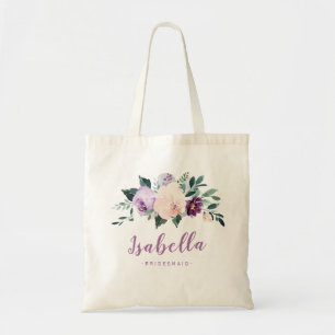 Blooming botanical purple personalised bridesmaid tote bag