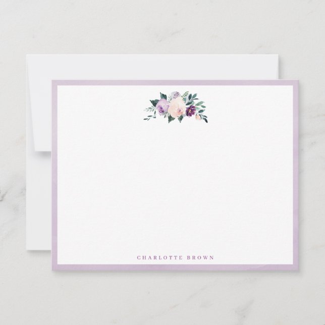 Blooming botanical purple personalised stationery card (Front)