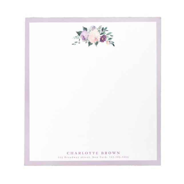 Blooming botanical purple personalised stationery notepad (Front)