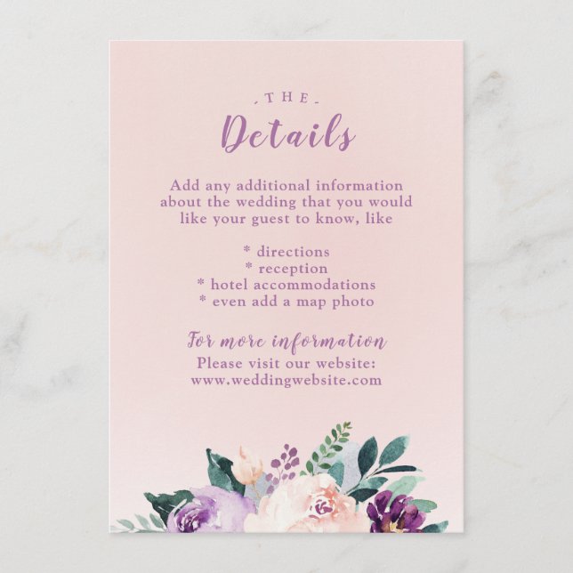 Blooming botanical purple wedding insert card (Front)