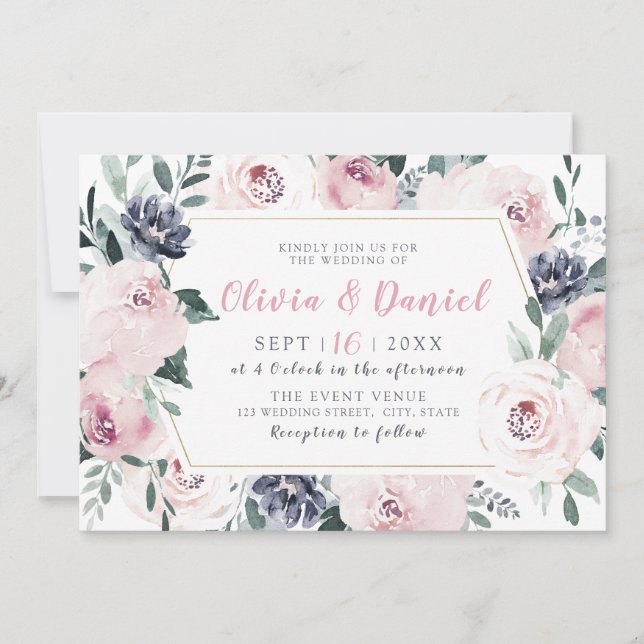 Blooming botanical sweet blush floral wedding invitation (Front)