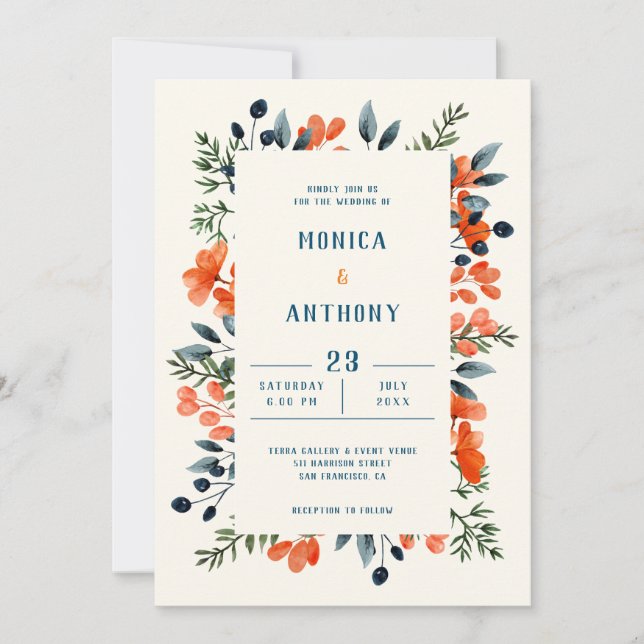 Blooming Botanicals Orange Floral Blue Green Invitation (Front)