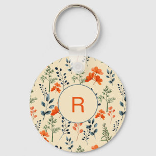Blooming Botanicals Orange Floral Green Branch Key Ring