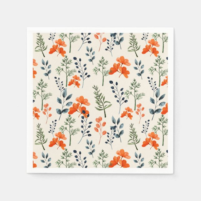Blooming Botanicals Orange Floral Green Branch Napkin (Front)