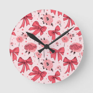 Blooming Bows - Floral and Ribbon Pattern Round Clock