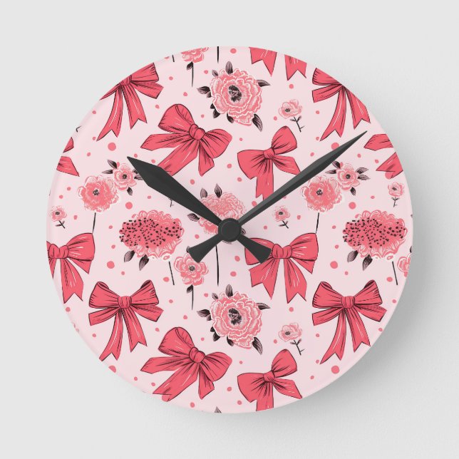 Blooming Bows - Floral and Ribbon Pattern Round Clock (Front)