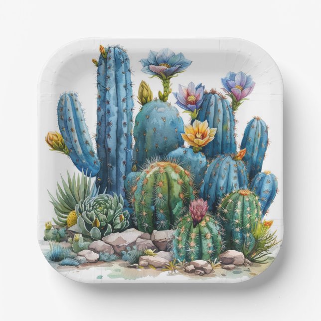 Blooming cacti and succulents paper plate (Front)
