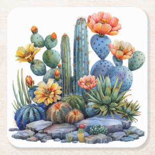 Blooming cacti and succulents square paper coaster