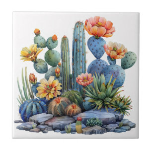 Blooming cacti and succulents tile
