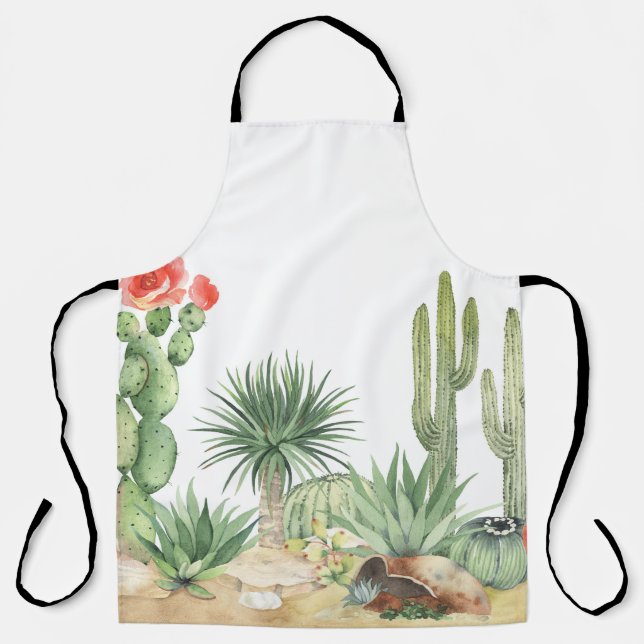Blooming Cacti Watercolor Border Pattern Apron (Front)