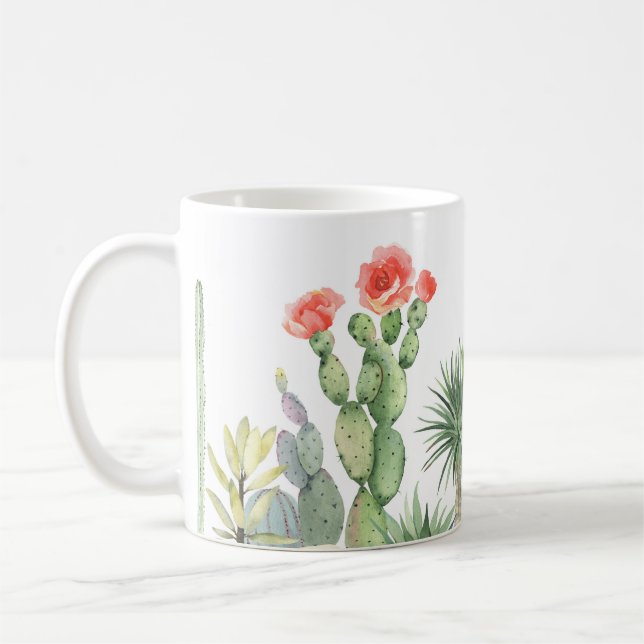Blooming Cacti Watercolor Border Pattern Coffee Mug (Left)