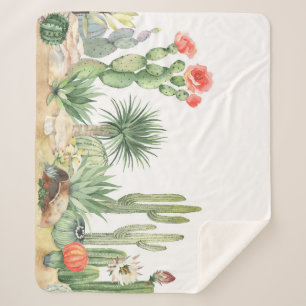 Blooming Cacti Watercolor Border Pattern Sherpa Blanket