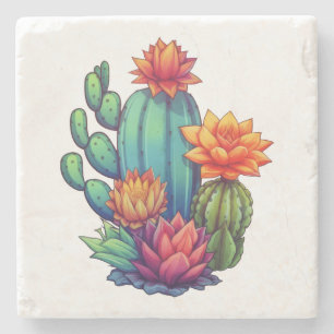 Blooming Cactus Flowers Marble Stone Coaster