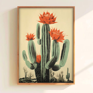 Blooming Cactus Print Retro Wall Art Red Flower Pr