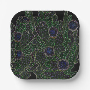 Blooming Cactus Succulent Cacti Night Neon Black Paper Plate